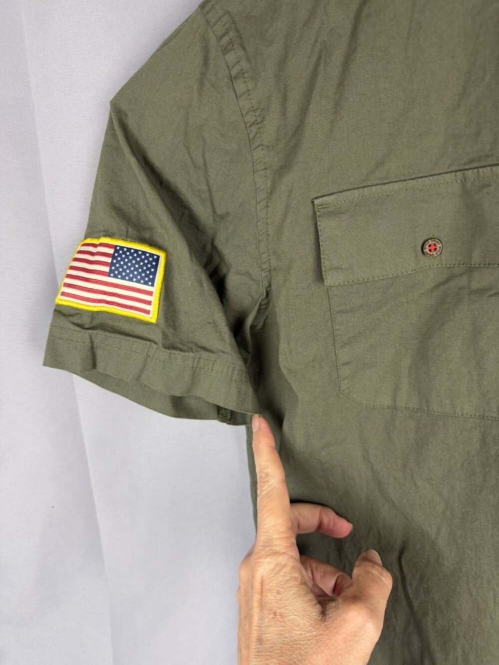 Grunt Style Button Down Shirt Mens Sz Med Garage Flag Patch Military Green New - Picture 4 of 9